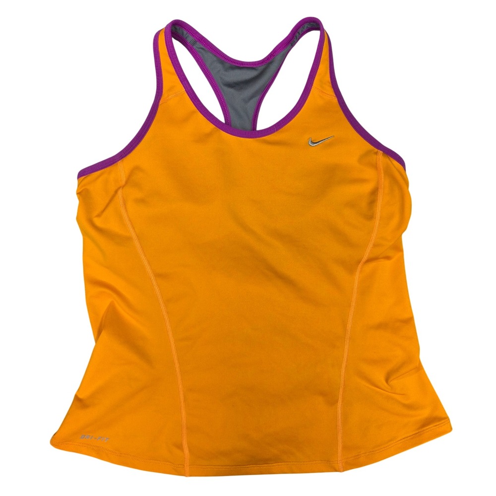 Nike Dri-FIT Womens Large Orange Purple Racerback Tank Top Built-in Bra Mesh